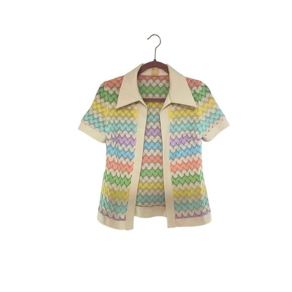 Seers, vintage 60s chevron, pastel knit sweater, open cardigan, size small - Picture 2 of 4